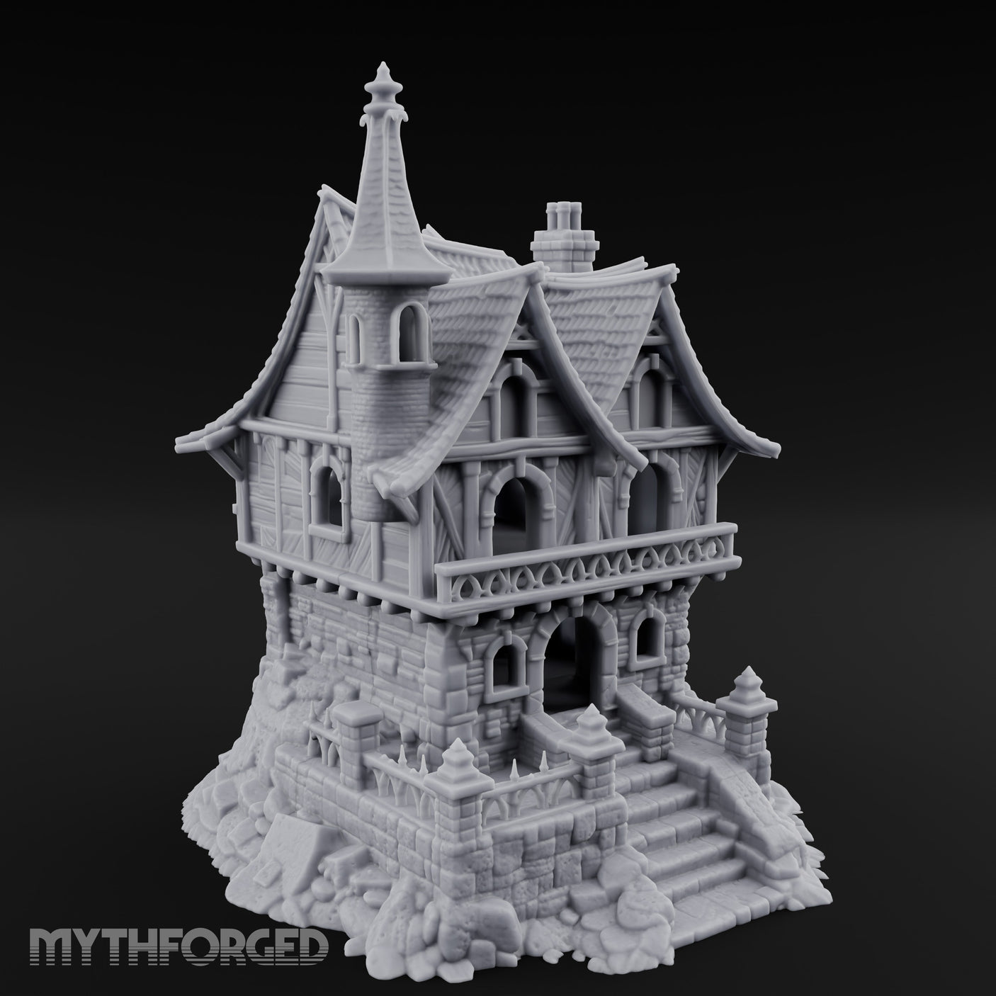Spire-Crowned Timber-Framed Gothic Townhouse Miniature for Dungeons and Dragons, Pathfinder or other TTRPGs