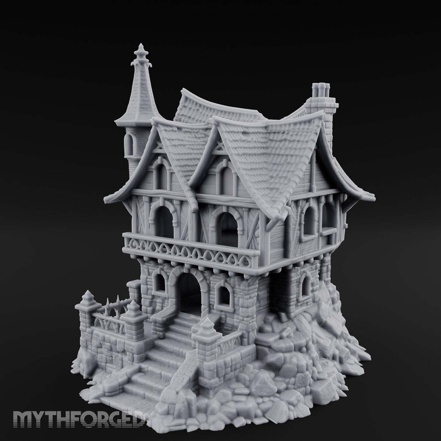 Spire-Crowned Timber-Framed Gothic Townhouse Miniature for Dungeons and Dragons, Pathfinder or other TTRPGs