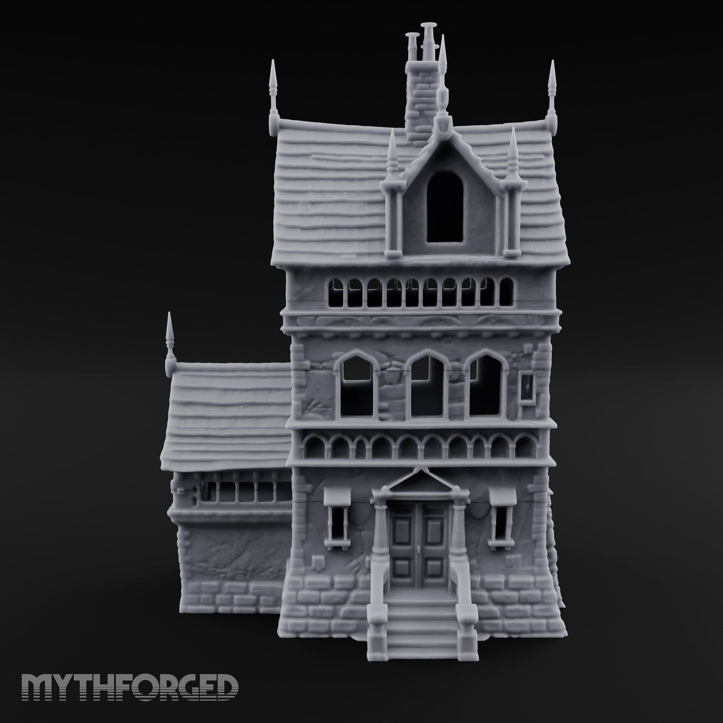 Spire-Tipped Arched-Colonnade Gothic Manor House Miniature for Dungeons and Dragons, Pathfinder or other TTRPGs