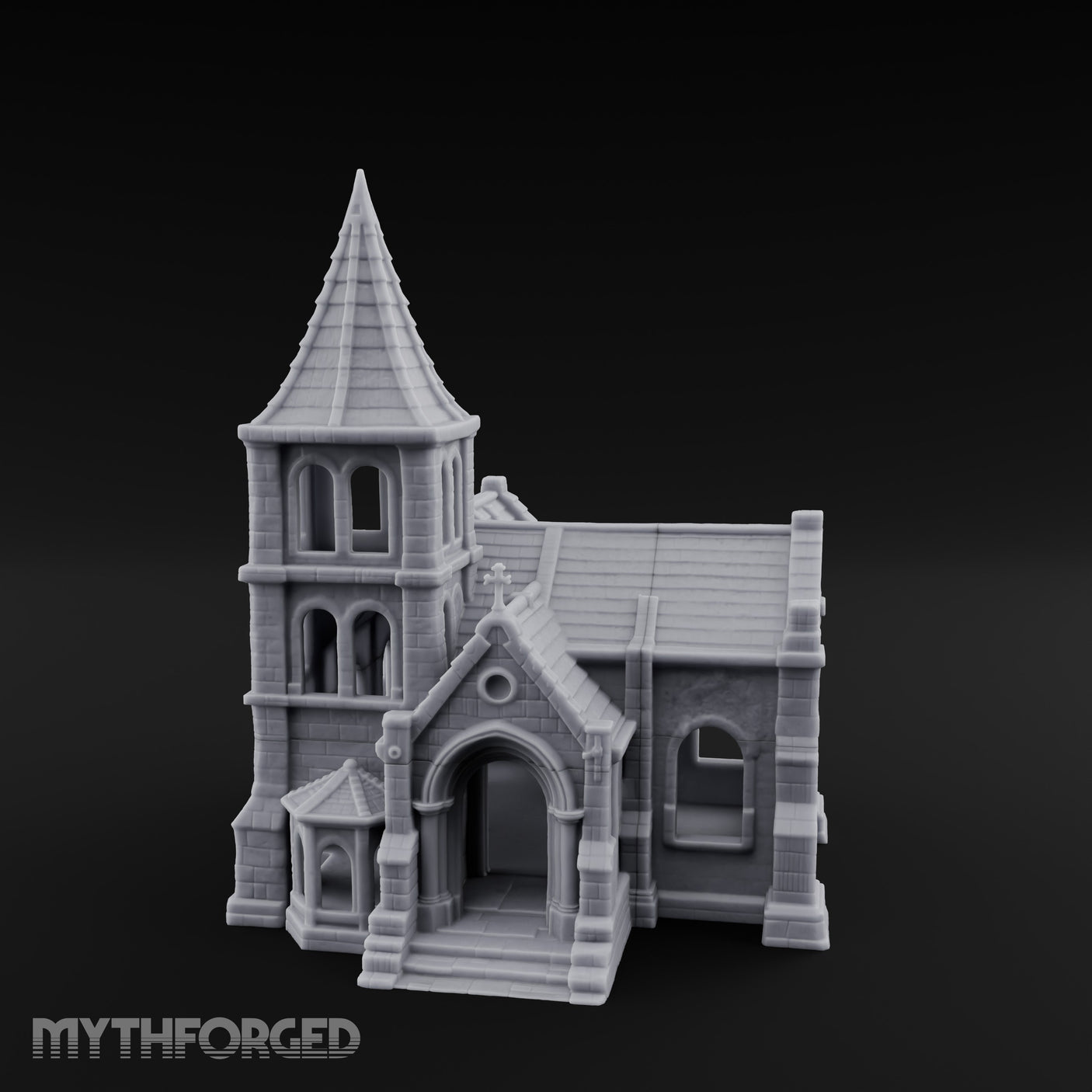 Spire-Topped Arch-Porched Gothic Stone Chapel Miniature for Dungeons and Dragons, Pathfinder or other TTRPGs
