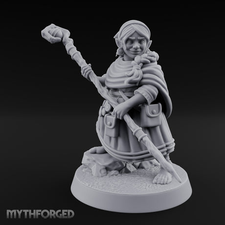 Staff Brandishing Crouching Halfling Empath Miniature for Dungeons and Dragons, Pathfinder or other TTRPGs