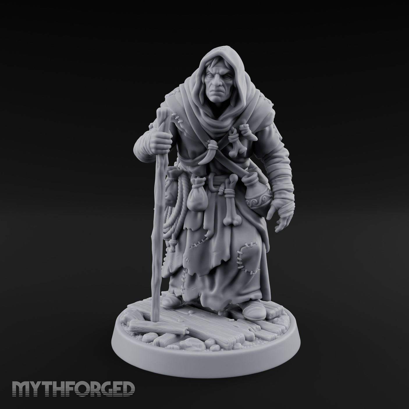 Staff Leaning Human Swamp Witch Miniature for Dungeons and Dragons, Pathfinder or other TTRPGs