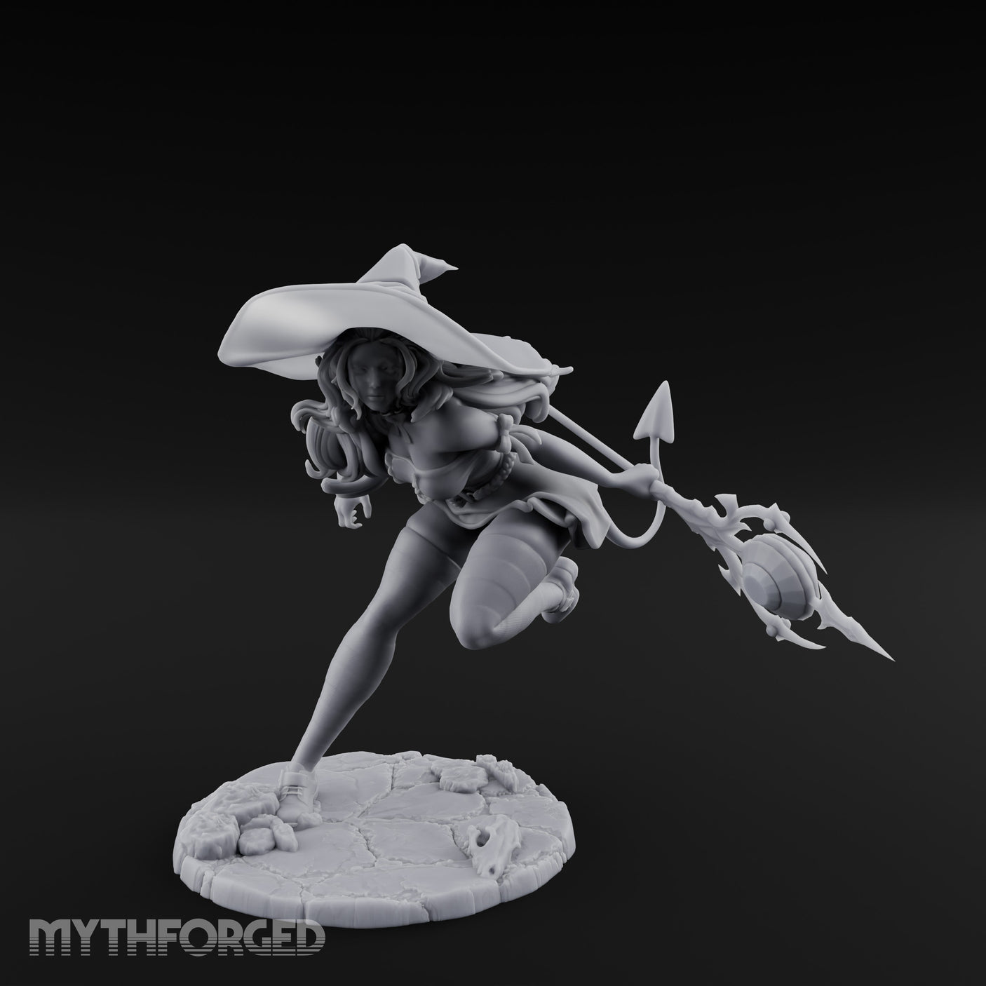 Staff Lunging Hat Tilted Human Witch Miniature for Dungeons and Dragons, Pathfinder or other TTRPGs