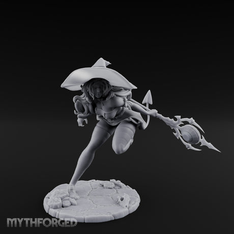 Staff Lunging Hat Tilted Human Witch Miniature for Dungeons and Dragons, Pathfinder or other TTRPGs