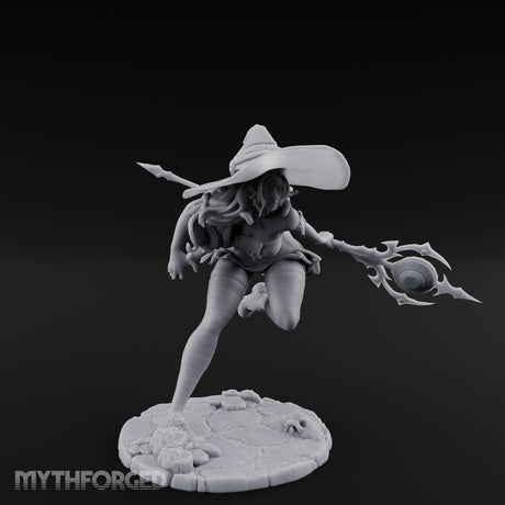 Staff Lunging Hat Tilted Human Witch Miniature for Dungeons and Dragons, Pathfinder or other TTRPGs