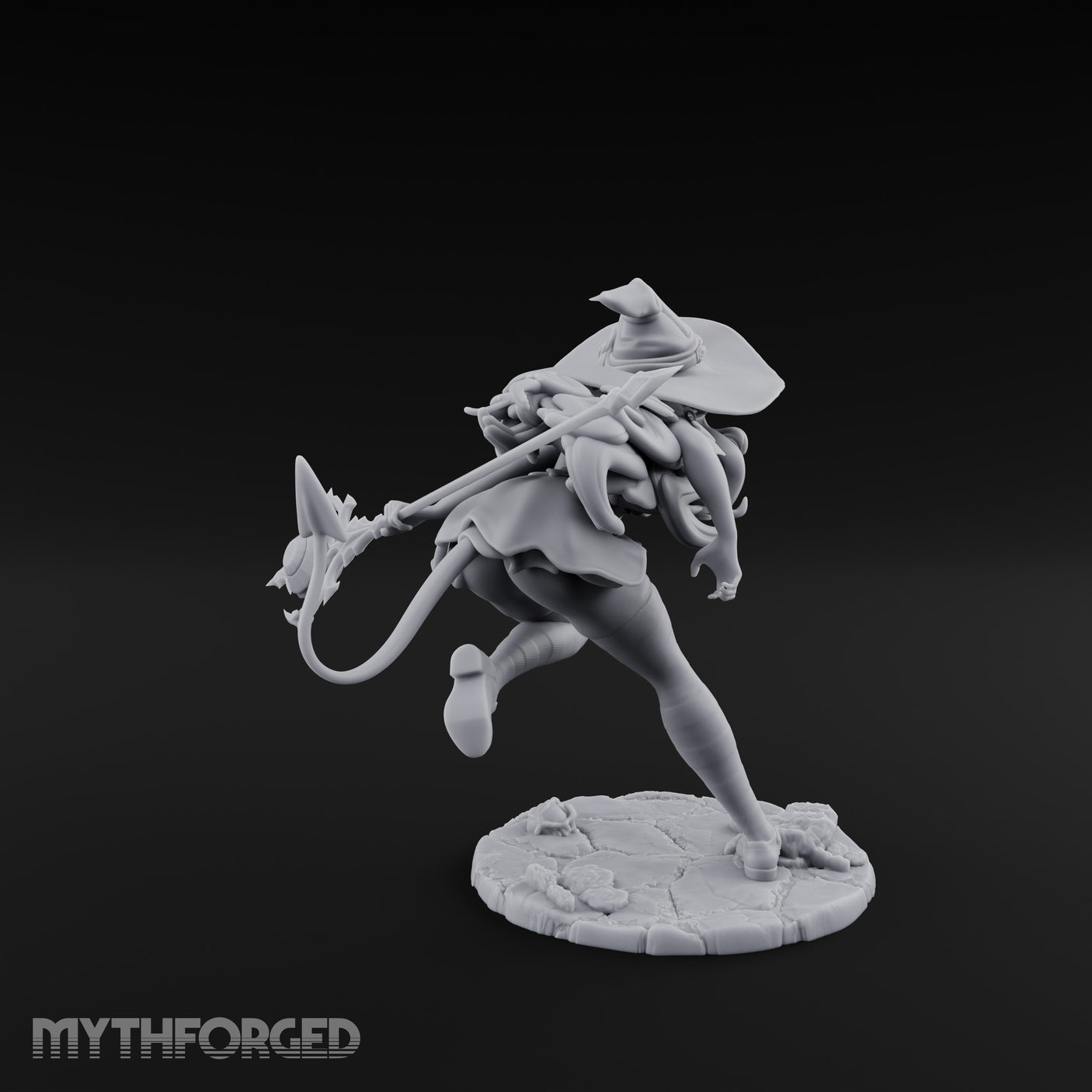 Staff Lunging Hat Tilted Human Witch Miniature for Dungeons and Dragons, Pathfinder or other TTRPGs