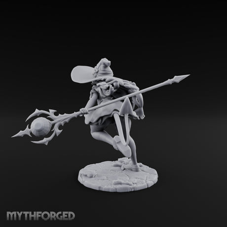 Staff Lunging Hat Tilted Human Witch Miniature for Dungeons and Dragons, Pathfinder or other TTRPGs