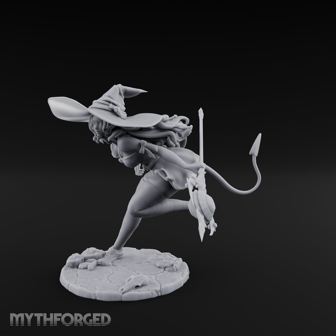 Staff Lunging Hat Tilted Human Witch Miniature for Dungeons and Dragons, Pathfinder or other TTRPGs