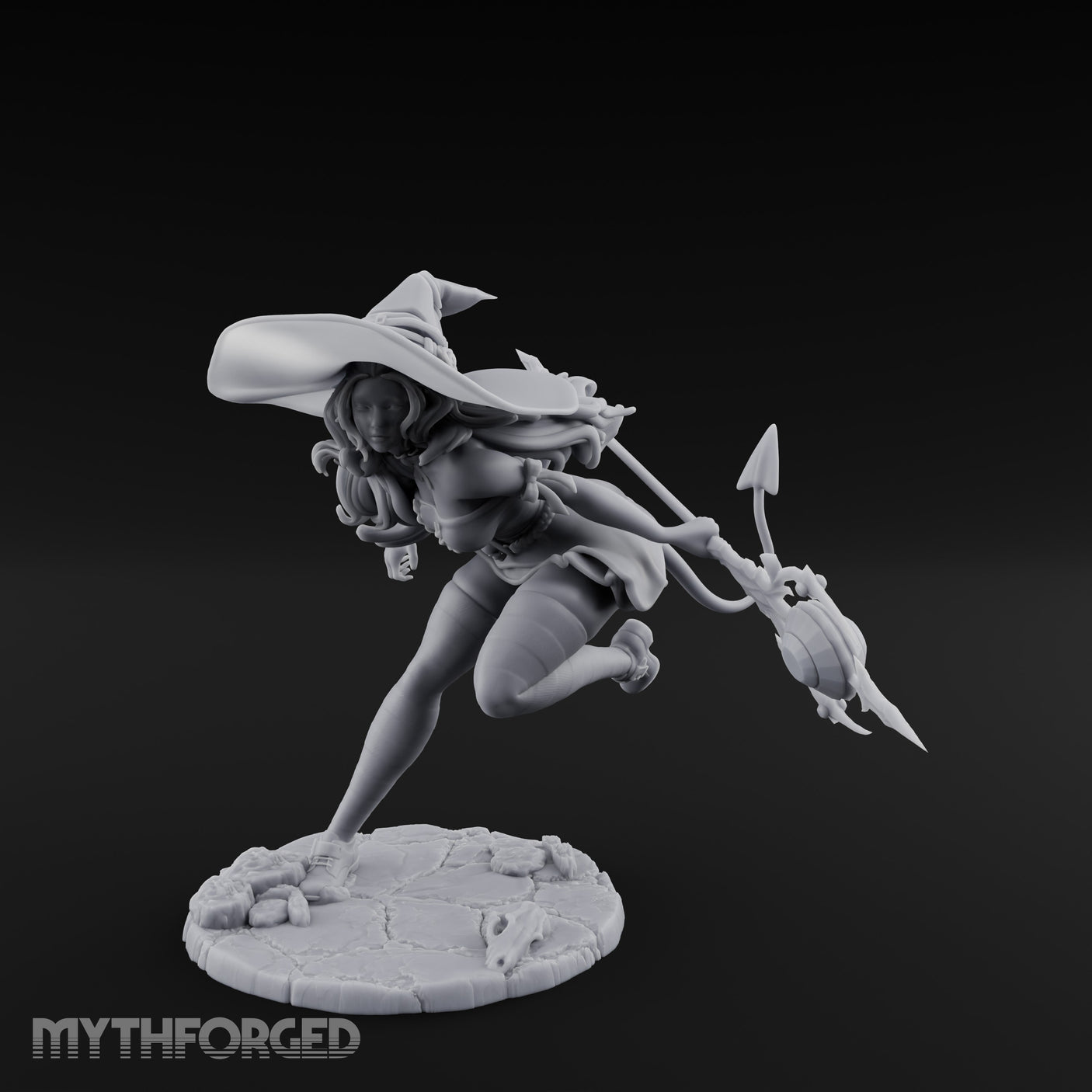 Staff Lunging Hat Tilted Human Witch Miniature for Dungeons and Dragons, Pathfinder or other TTRPGs