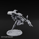 Staff Lunging Hat Tilted Human Witch Miniature for Dungeons and Dragons, Pathfinder or other TTRPGs