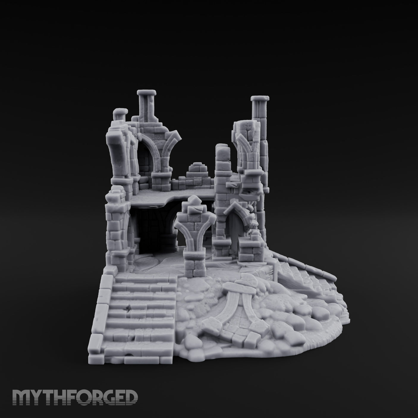 Stair-Fronted Pillar-Snapped Gothic Hall Ruins Miniature for Dungeons and Dragons, Pathfinder or other TTRPGs