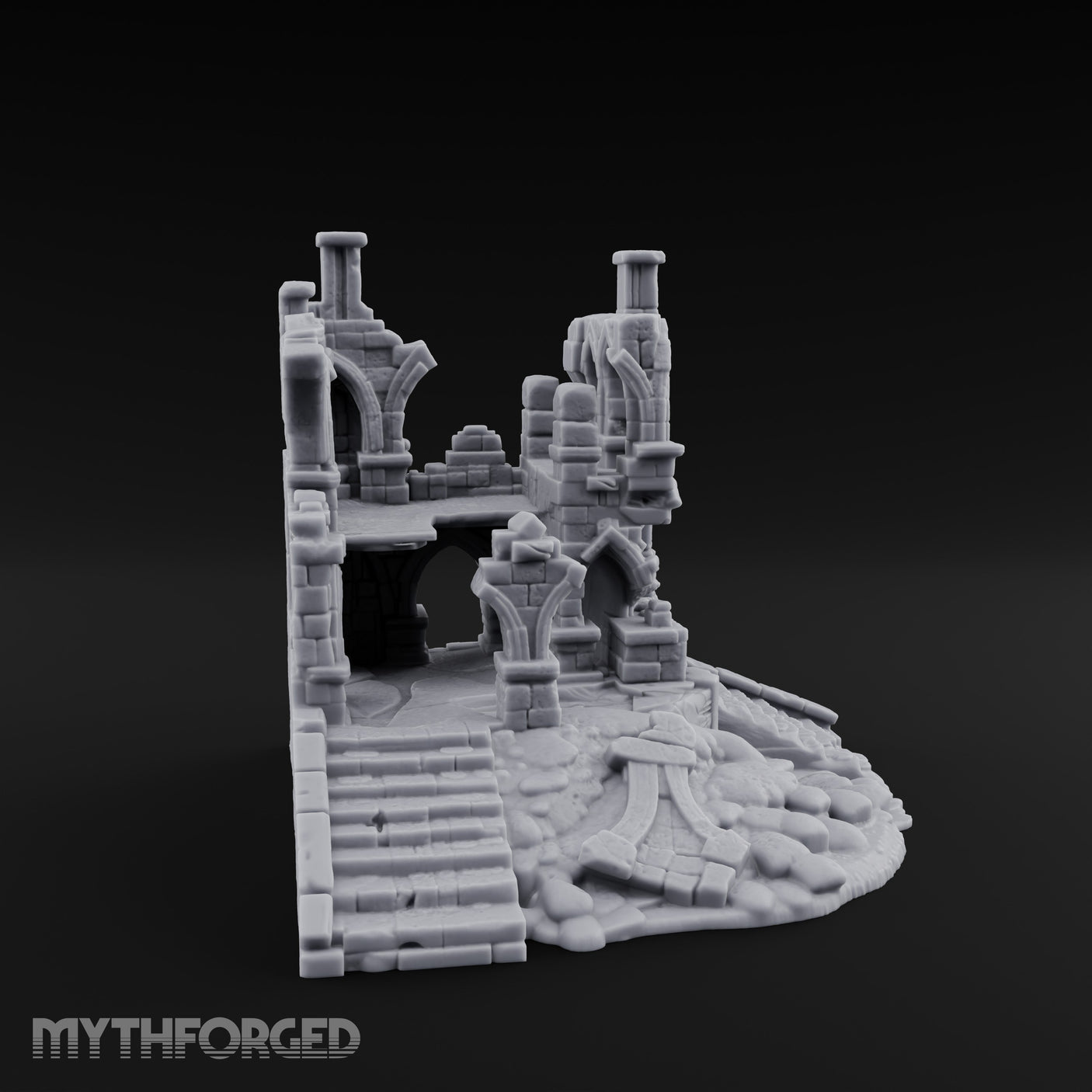 Stair-Fronted Pillar-Snapped Gothic Hall Ruins Miniature for Dungeons and Dragons, Pathfinder or other TTRPGs