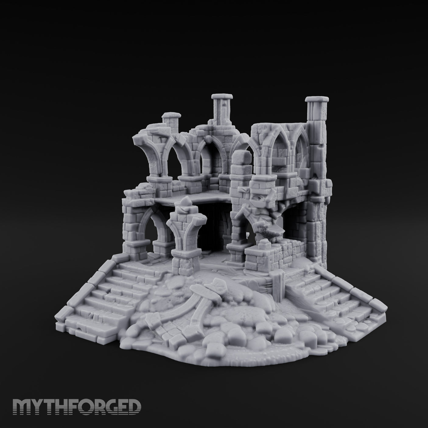 Stair-Fronted Pillar-Snapped Gothic Hall Ruins Miniature for Dungeons and Dragons, Pathfinder or other TTRPGs