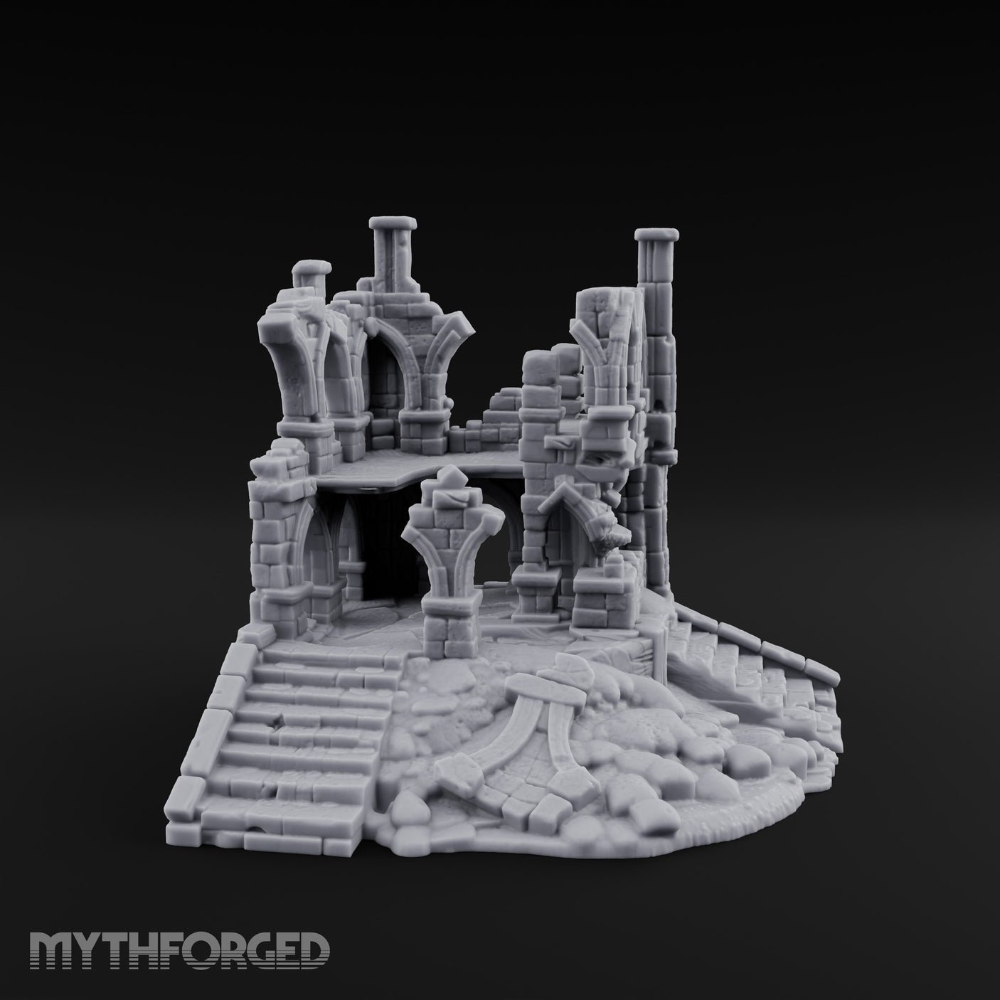 Stair-Fronted Pillar-Snapped Gothic Hall Ruins Miniature for Dungeons and Dragons, Pathfinder or other TTRPGs