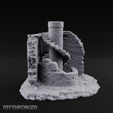 Stair-Wrapped Debris-Scattered Round Tower Ruins Miniature for Dungeons and Dragons, Pathfinder or other TTRPGs