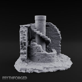 Stair-Wrapped Debris-Scattered Round Tower Ruins Miniature for Dungeons and Dragons, Pathfinder or other TTRPGs