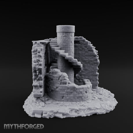 Stair-Wrapped Debris-Scattered Round Tower Ruins Miniature for Dungeons and Dragons, Pathfinder or other TTRPGs