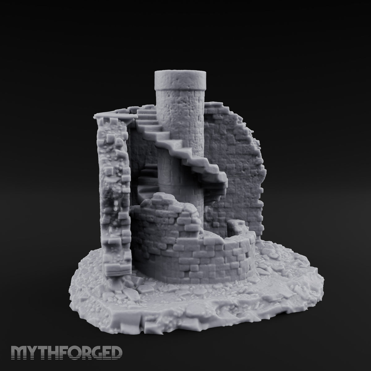 Stair-Wrapped Debris-Scattered Round Tower Ruins Miniature for Dungeons and Dragons, Pathfinder or other TTRPGs