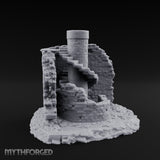 Stair-Wrapped Debris-Scattered Round Tower Ruins Miniature for Dungeons and Dragons, Pathfinder or other TTRPGs