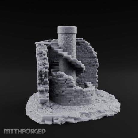 Stair-Wrapped Debris-Scattered Round Tower Ruins Miniature for Dungeons and Dragons, Pathfinder or other TTRPGs