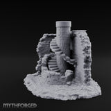 Stair-Wrapped Debris-Scattered Round Tower Ruins Miniature for Dungeons and Dragons, Pathfinder or other TTRPGs