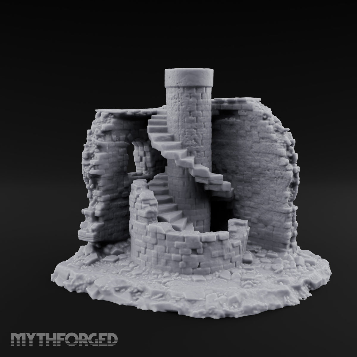 Stair-Wrapped Debris-Scattered Round Tower Ruins Miniature for Dungeons and Dragons, Pathfinder or other TTRPGs
