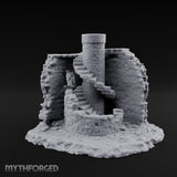 Stair-Wrapped Debris-Scattered Round Tower Ruins Miniature for Dungeons and Dragons, Pathfinder or other TTRPGs