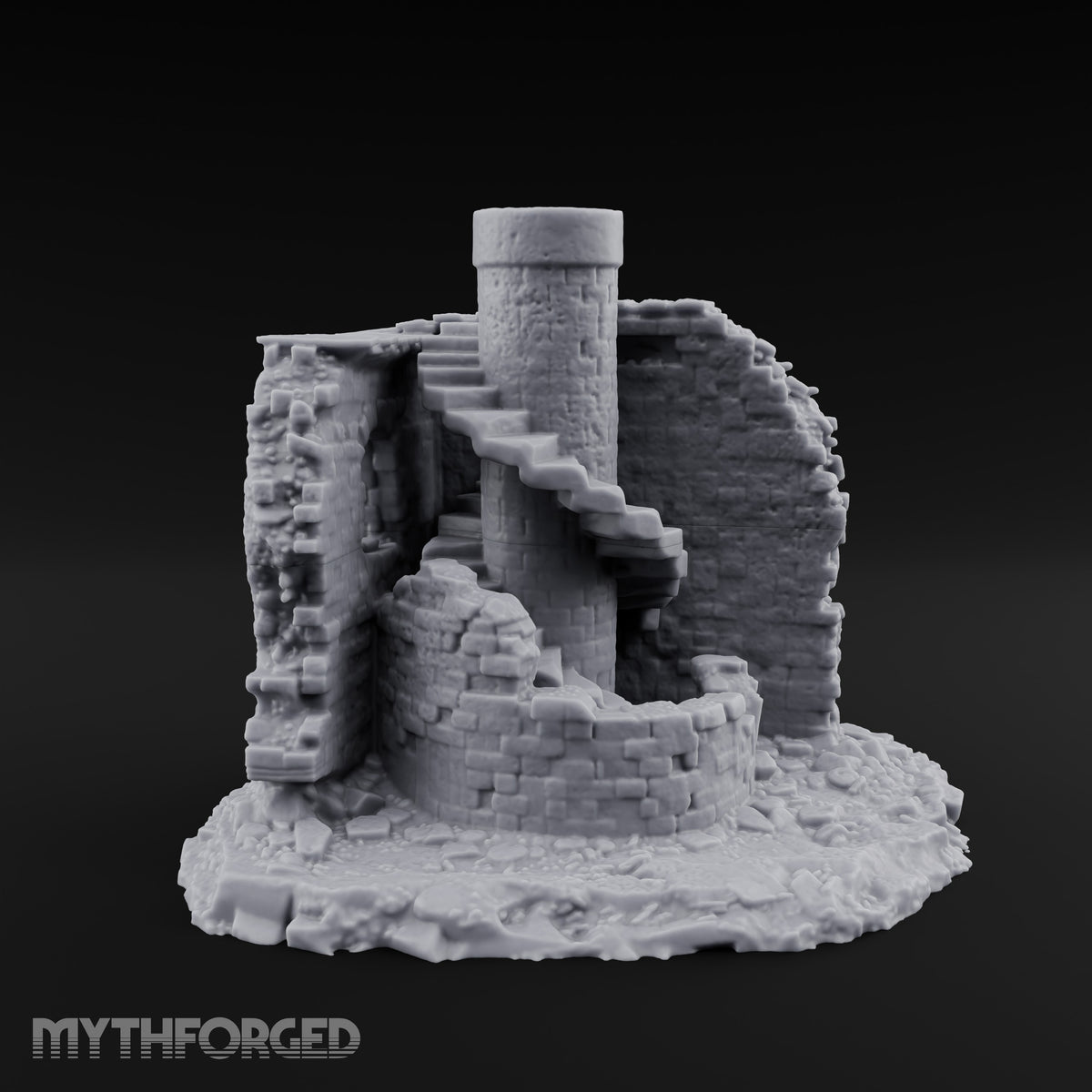 Stair-Wrapped Debris-Scattered Round Tower Ruins Miniature for Dungeons and Dragons, Pathfinder or other TTRPGs