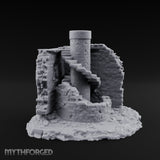 Stair-Wrapped Debris-Scattered Round Tower Ruins Miniature for Dungeons and Dragons, Pathfinder or other TTRPGs