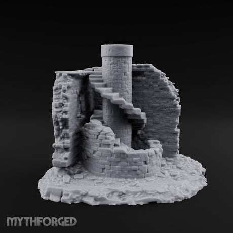 Stair-Wrapped Debris-Scattered Round Tower Ruins Miniature for Dungeons and Dragons, Pathfinder or other TTRPGs