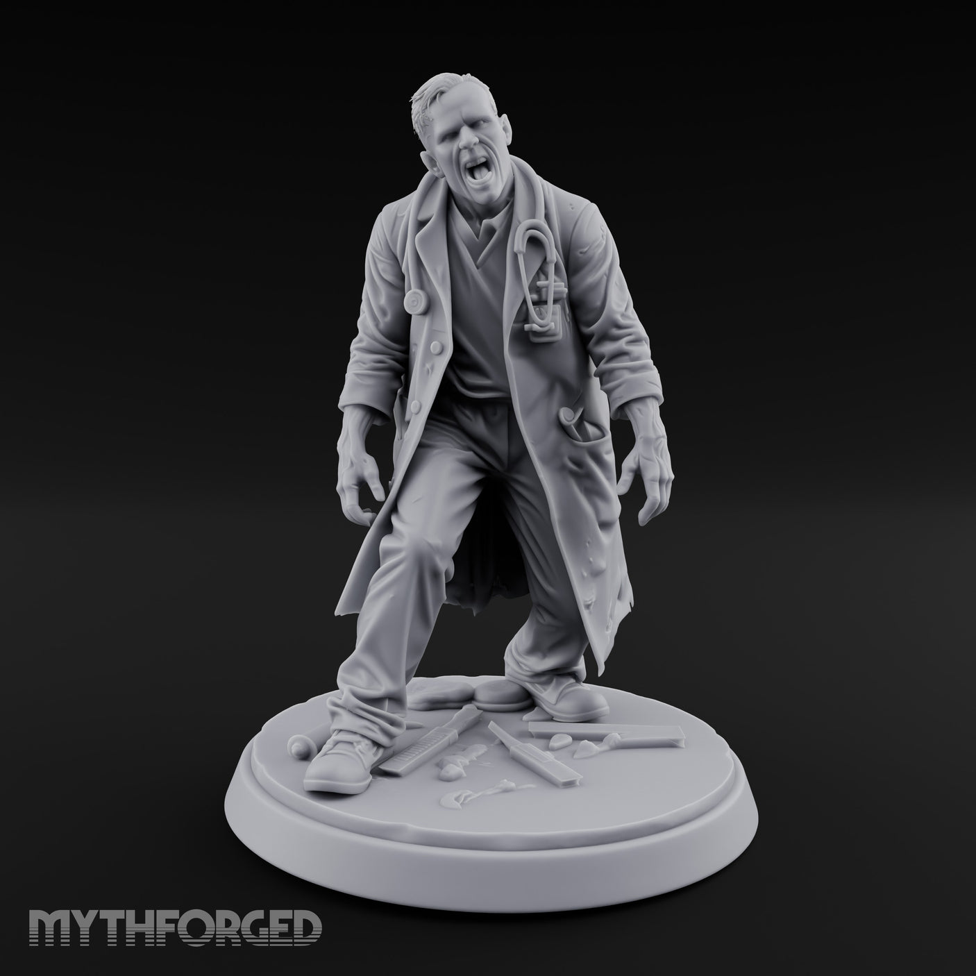 Stethoscope Wearing Snarling Zombie Doctor Miniature for Dungeons and Dragons, Pathfinder or other TTRPGs