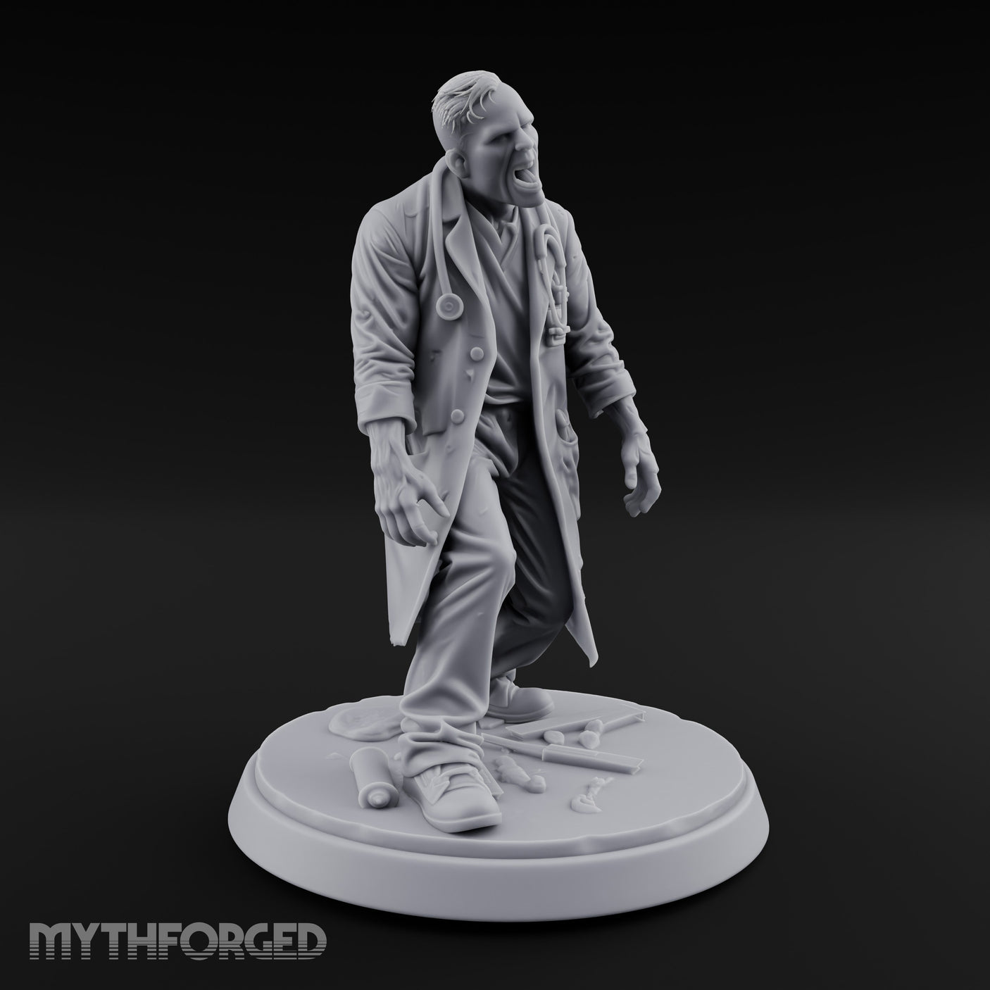 Stethoscope Wearing Snarling Zombie Doctor Miniature for Dungeons and Dragons, Pathfinder or other TTRPGs