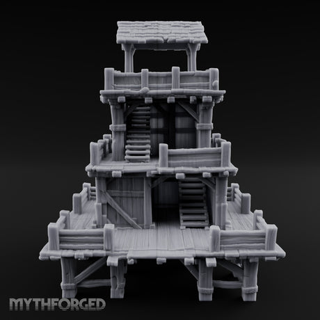 Stilt-Raised Deck-Wrapped Wooden Watchtower Miniature for Dungeons and Dragons, Pathfinder or other TTRPGs