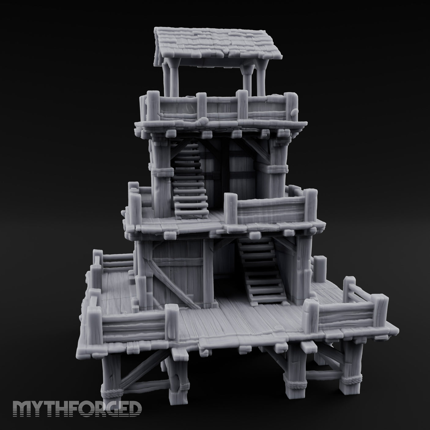 Stilt-Raised Deck-Wrapped Wooden Watchtower Miniature for Dungeons and Dragons, Pathfinder or other TTRPGs