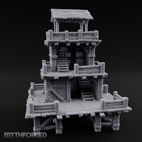 Stilt-Raised Deck-Wrapped Wooden Watchtower Miniature for Dungeons and Dragons, Pathfinder or other TTRPGs