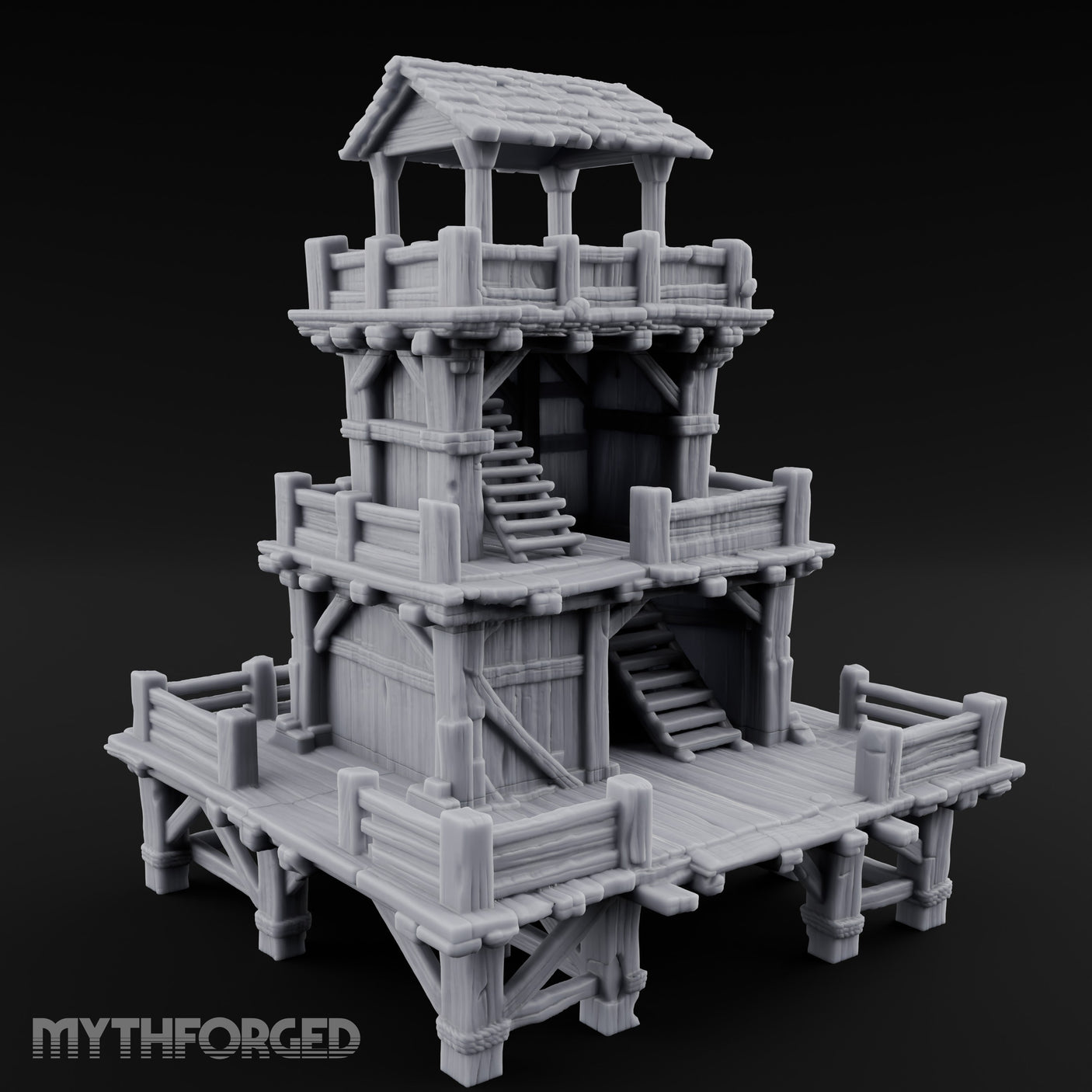 Stilt-Raised Deck-Wrapped Wooden Watchtower Miniature for Dungeons and Dragons, Pathfinder or other TTRPGs