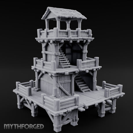 Stilt-Raised Deck-Wrapped Wooden Watchtower Miniature for Dungeons and Dragons, Pathfinder or other TTRPGs