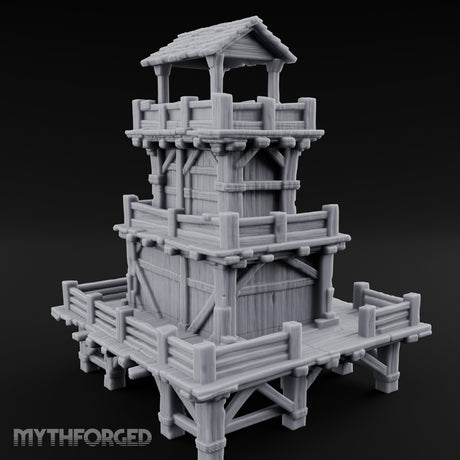 Stilt-Raised Deck-Wrapped Wooden Watchtower Miniature for Dungeons and Dragons, Pathfinder or other TTRPGs
