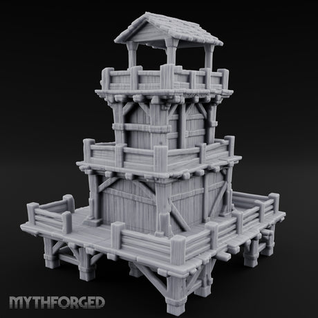 Stilt-Raised Deck-Wrapped Wooden Watchtower Miniature for Dungeons and Dragons, Pathfinder or other TTRPGs