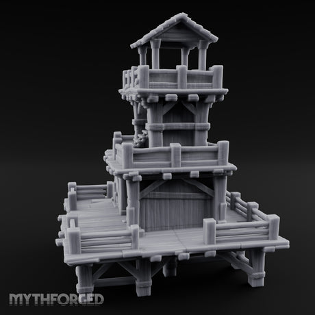 Stilt-Raised Deck-Wrapped Wooden Watchtower Miniature for Dungeons and Dragons, Pathfinder or other TTRPGs