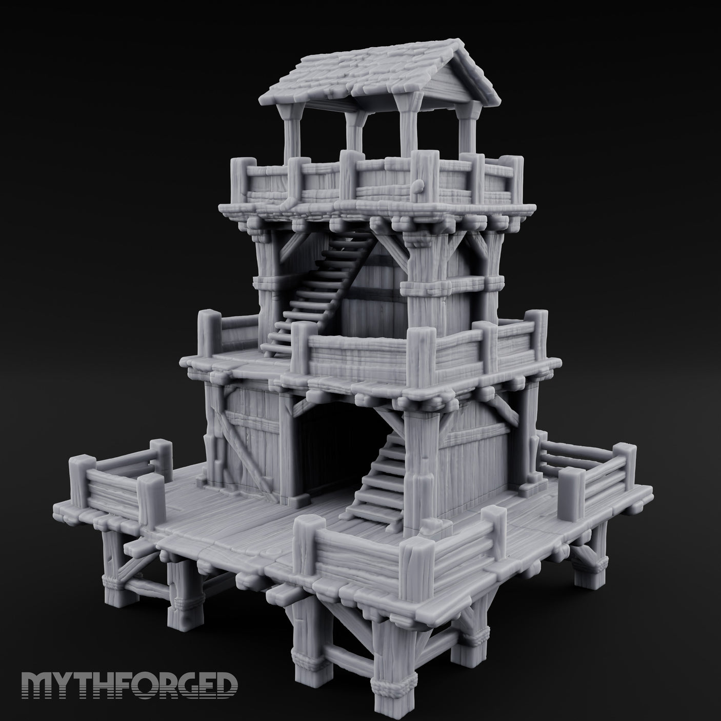 Stilt-Raised Deck-Wrapped Wooden Watchtower Miniature for Dungeons and Dragons, Pathfinder or other TTRPGs