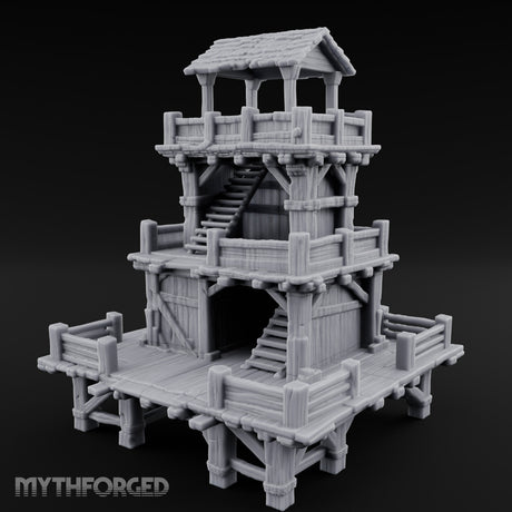 Stilt-Raised Deck-Wrapped Wooden Watchtower Miniature for Dungeons and Dragons, Pathfinder or other TTRPGs