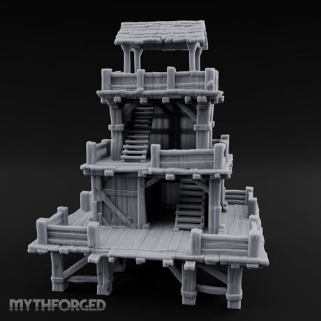 Stilt-Raised Deck-Wrapped Wooden Watchtower Miniature for Dungeons and Dragons, Pathfinder or other TTRPGs