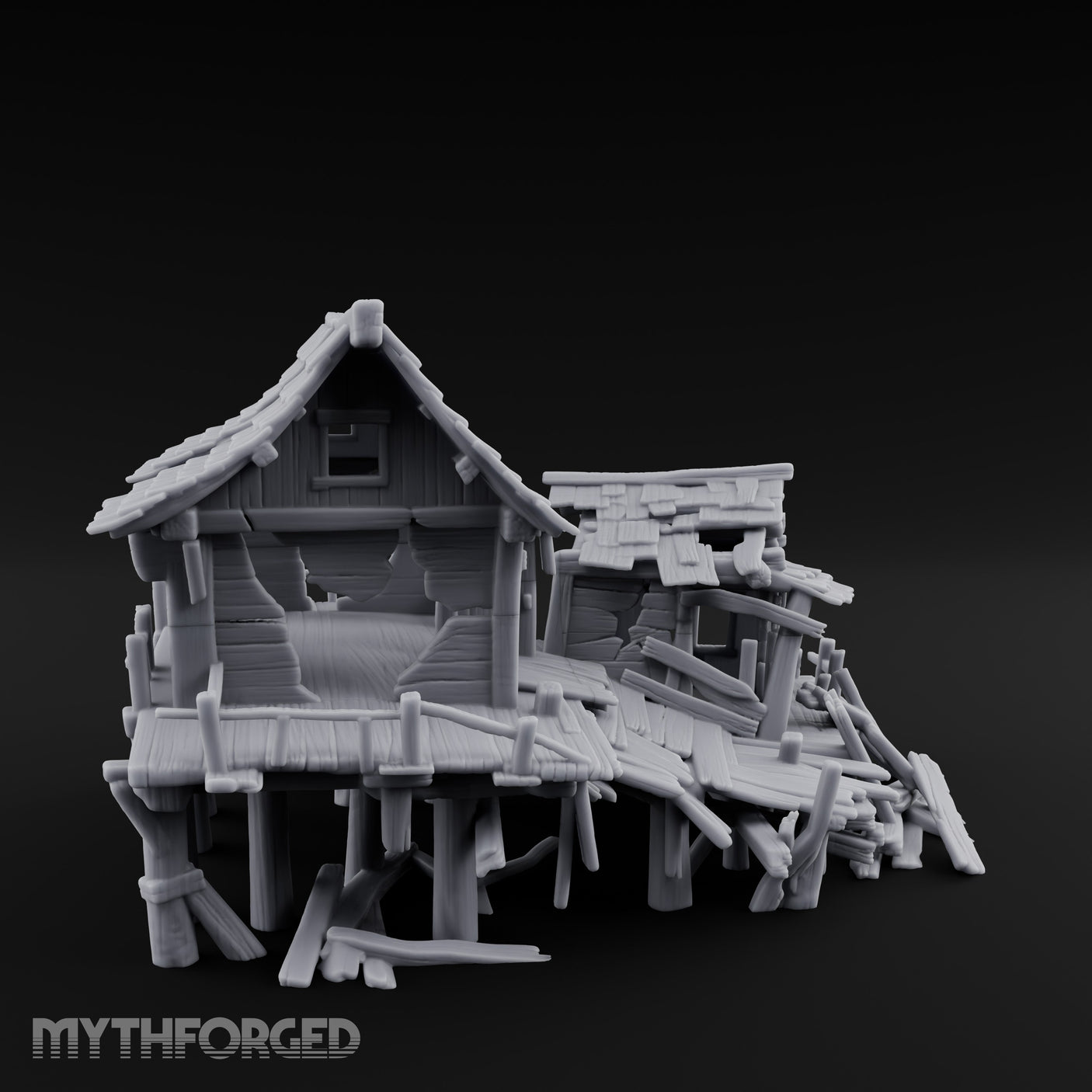 Stilt-Raised Plank-Collapsed Swamp Stilt Huts Miniature for Dungeons and Dragons, Pathfinder or other TTRPGs