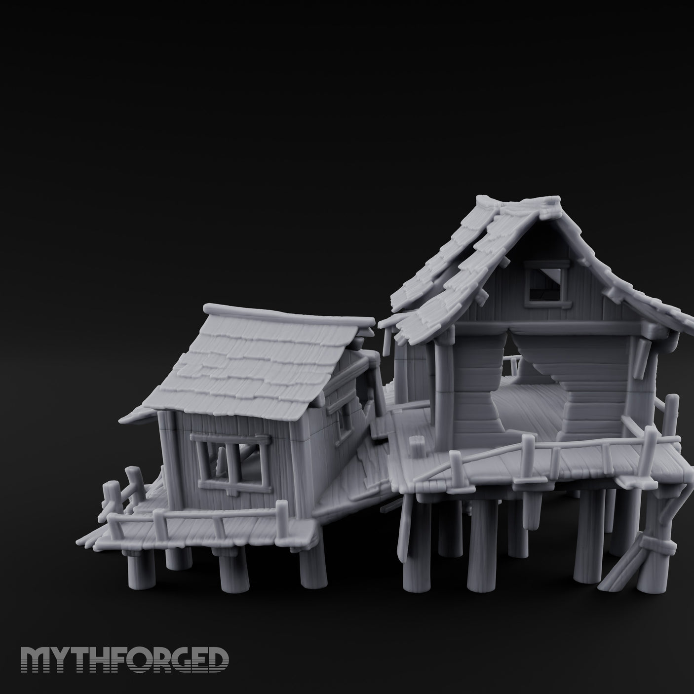 Stilt-Raised Plank-Collapsed Swamp Stilt Huts Miniature for Dungeons and Dragons, Pathfinder or other TTRPGs