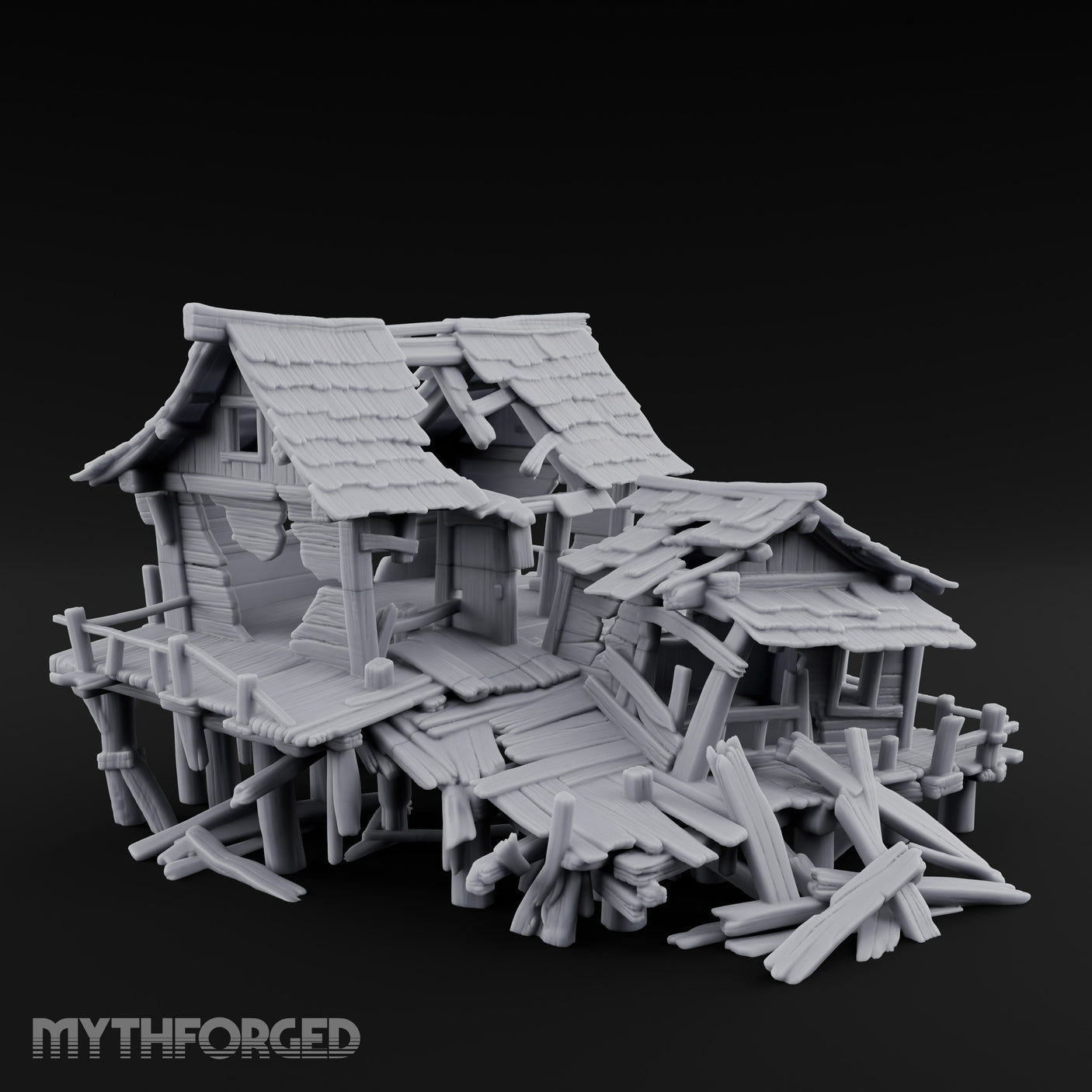 Stilt-Raised Plank-Collapsed Swamp Stilt Huts Miniature for Dungeons and Dragons, Pathfinder or other TTRPGs