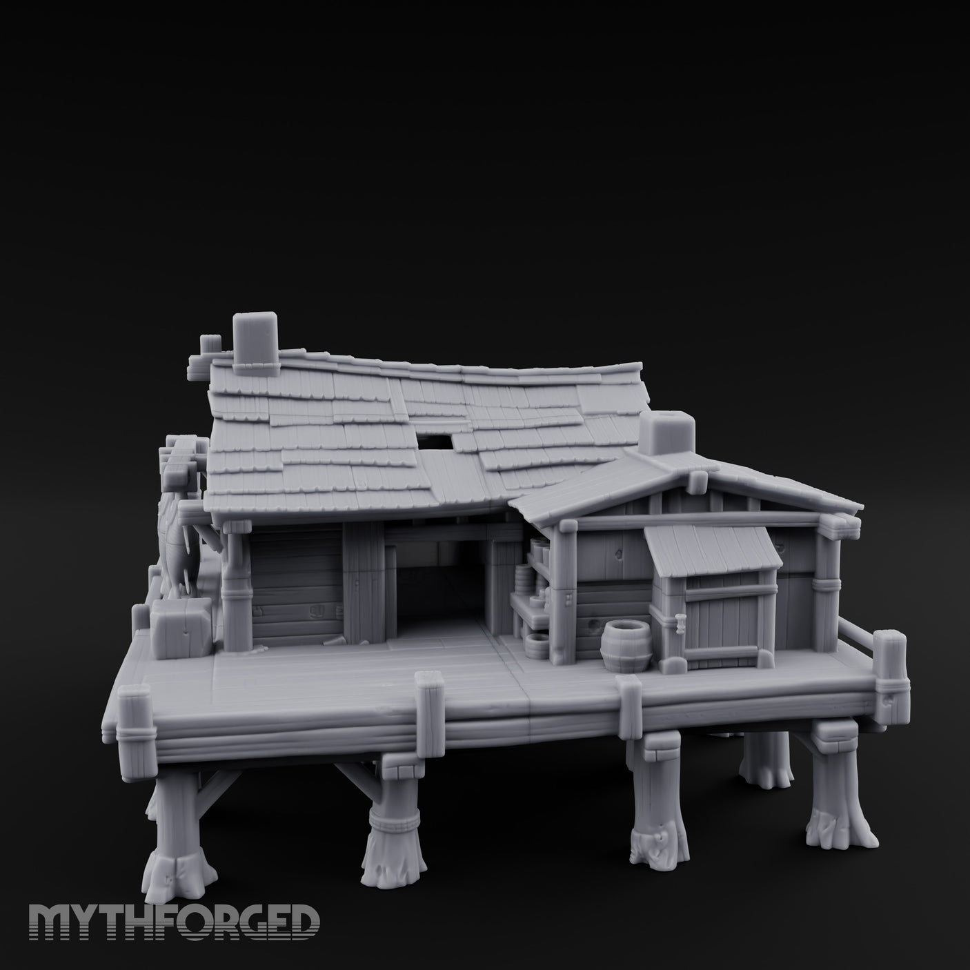Stilted-Dock Chimney-Vented Waterfront Smokehouse Miniature for Dungeons and Dragons, Pathfinder or other TTRPGs