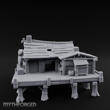 Stilted-Dock Chimney-Vented Waterfront Smokehouse Miniature for Dungeons and Dragons, Pathfinder or other TTRPGs