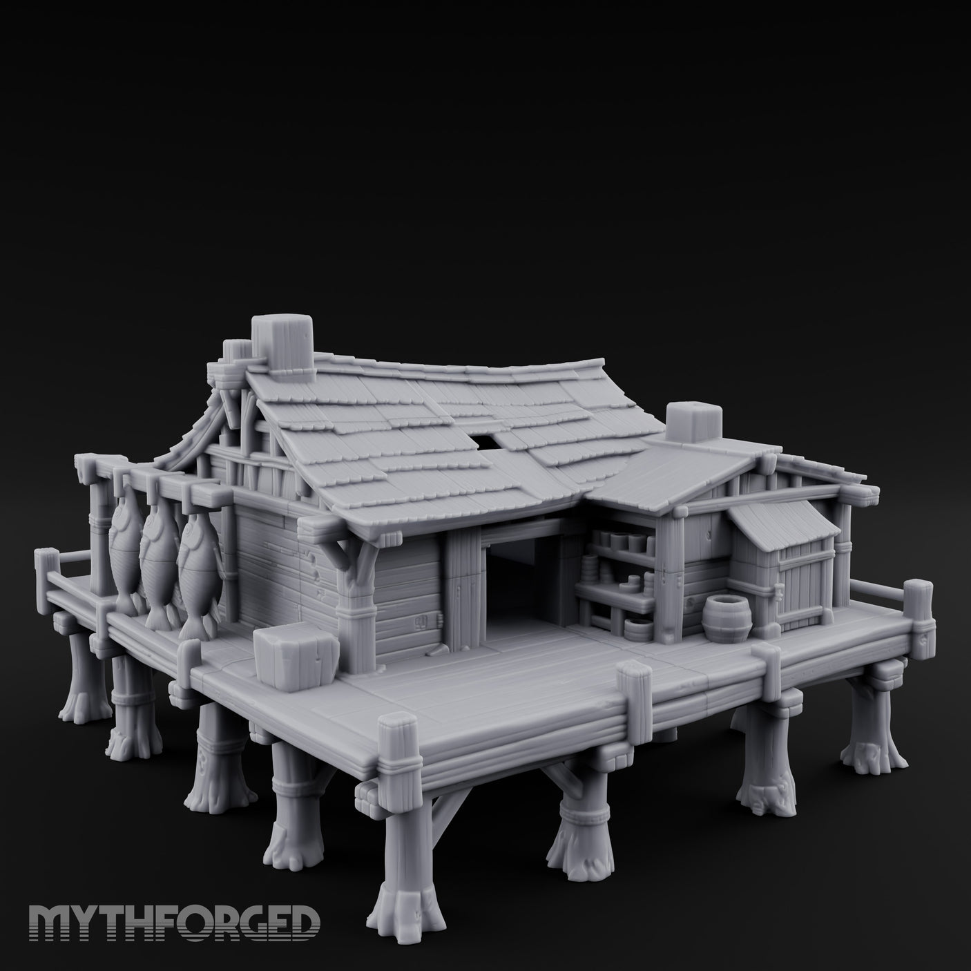Stilted-Dock Chimney-Vented Waterfront Smokehouse Miniature for Dungeons and Dragons, Pathfinder or other TTRPGs