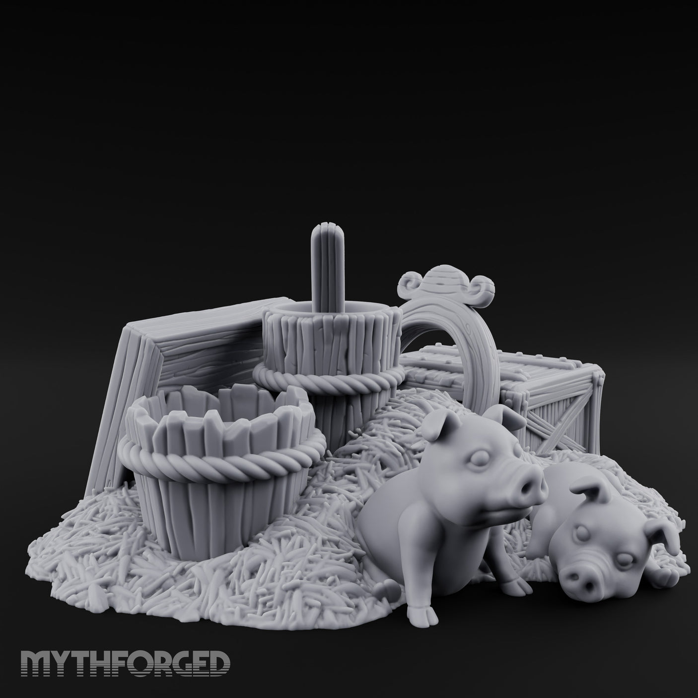 Straw-Spilled Wicker-Woven Pig Pen Crate Scene Miniature for Dungeons and Dragons, Pathfinder or other TTRPGs